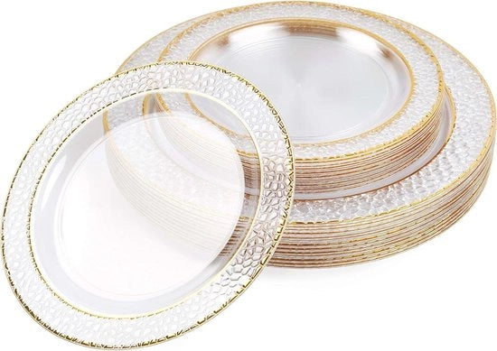 40 Piatti in Plastica Translucida con Bordo Oro - Per Matrimoni e Feste (2 Misure: 20x26 cm 20x19 cm) - Piatti Set Stabili e Riciclabili