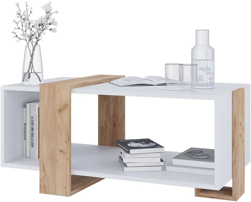 Tavolino Aven, Rovere bianco/dorato, 91.5 x 52 cm, con ripiano aggiuntivo per libri e riviste