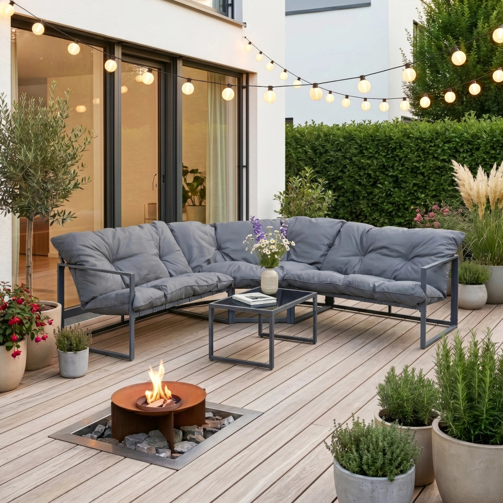 Set Salottino per Esterno Karg Divano Modulare a 3 pezzi e Tavolino con Piano in Vetro Nero Mobili da Giardino- Grigio Scuro casa.pro