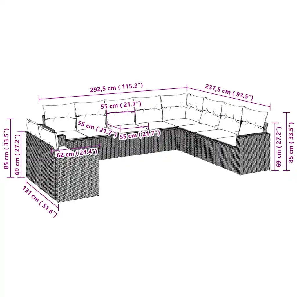 Set Divano Giardino 10 pz con Cuscini Grigio Chiaro Polyrattan