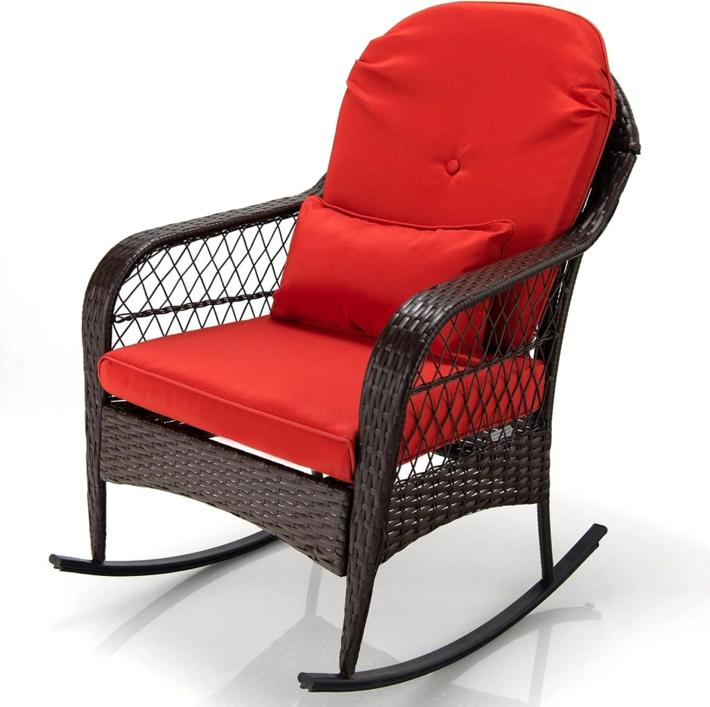 Sedia a Dondolo in Rattan per Cortile, Poltrona da Esterno con Cuscini Morbidi, Struttura in Acciaio Resistente, Sedile Ergonomico per Piscina Balcone Giardino, Carico Massimo 110 kg