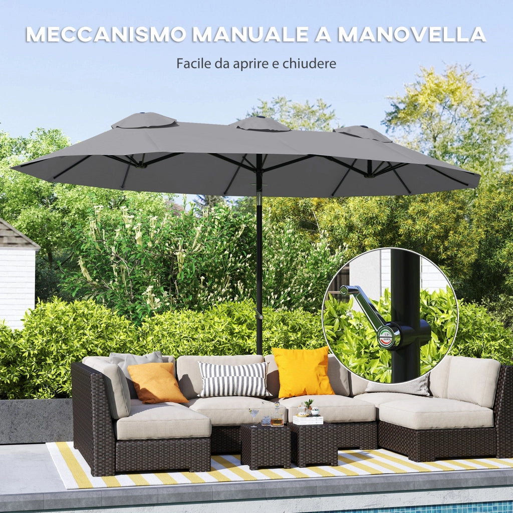 Ombrellone Doppio 285x147x227 cm Inclinabile a 45° con Prese d'Aria in Acciaio e Poliestere Grigio