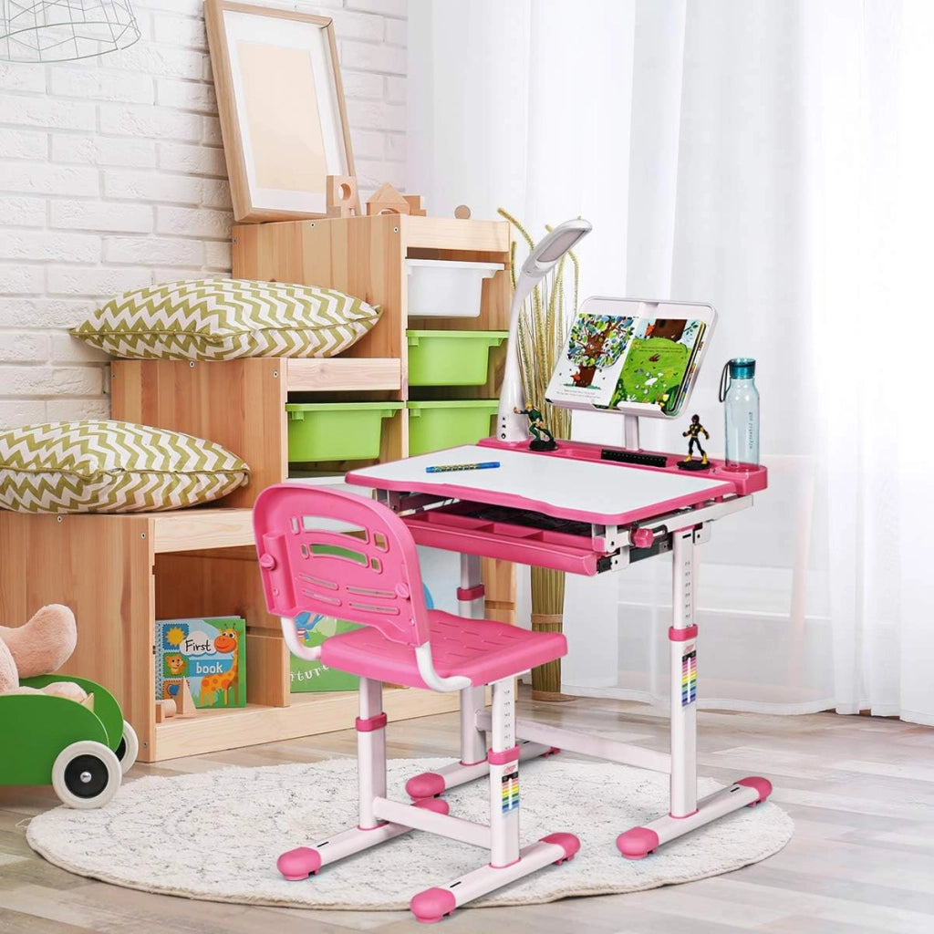 Scrivania per Bambini con Sedia, Tavolo con Lampada, Cassetto e Ripiano di Lettura Inclinabile, Regolabili in Altezza e Schienale, per Studio/Pittura, Carico di 80kg, 66x47x54-76cm (Rosa)