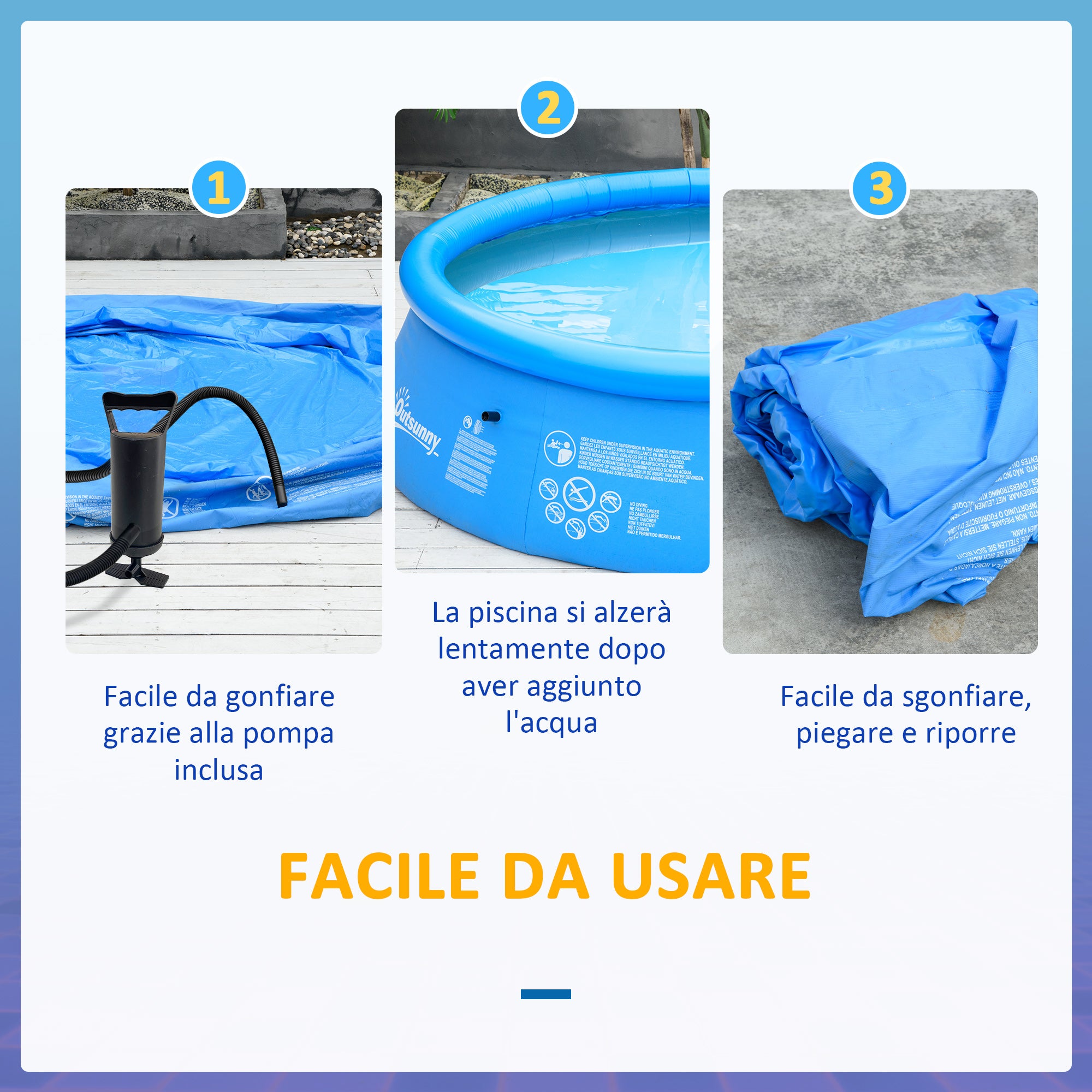 EasyComfort Piscina Gonfiabile da Giardino per 3-4 Persone in PVC a 3 Strati con Valvola di Scarico e Pompa Manuale Inclusa, Φ274x76cm, Blu