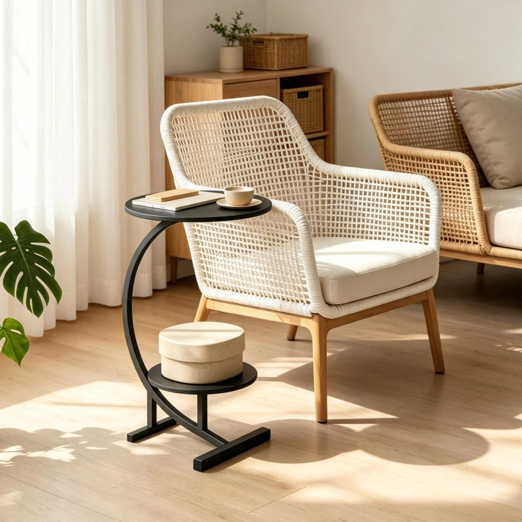 Tavolino rotondo a 2 ripiani in MDF e metallo; ?40/30 x 66 cm; nero