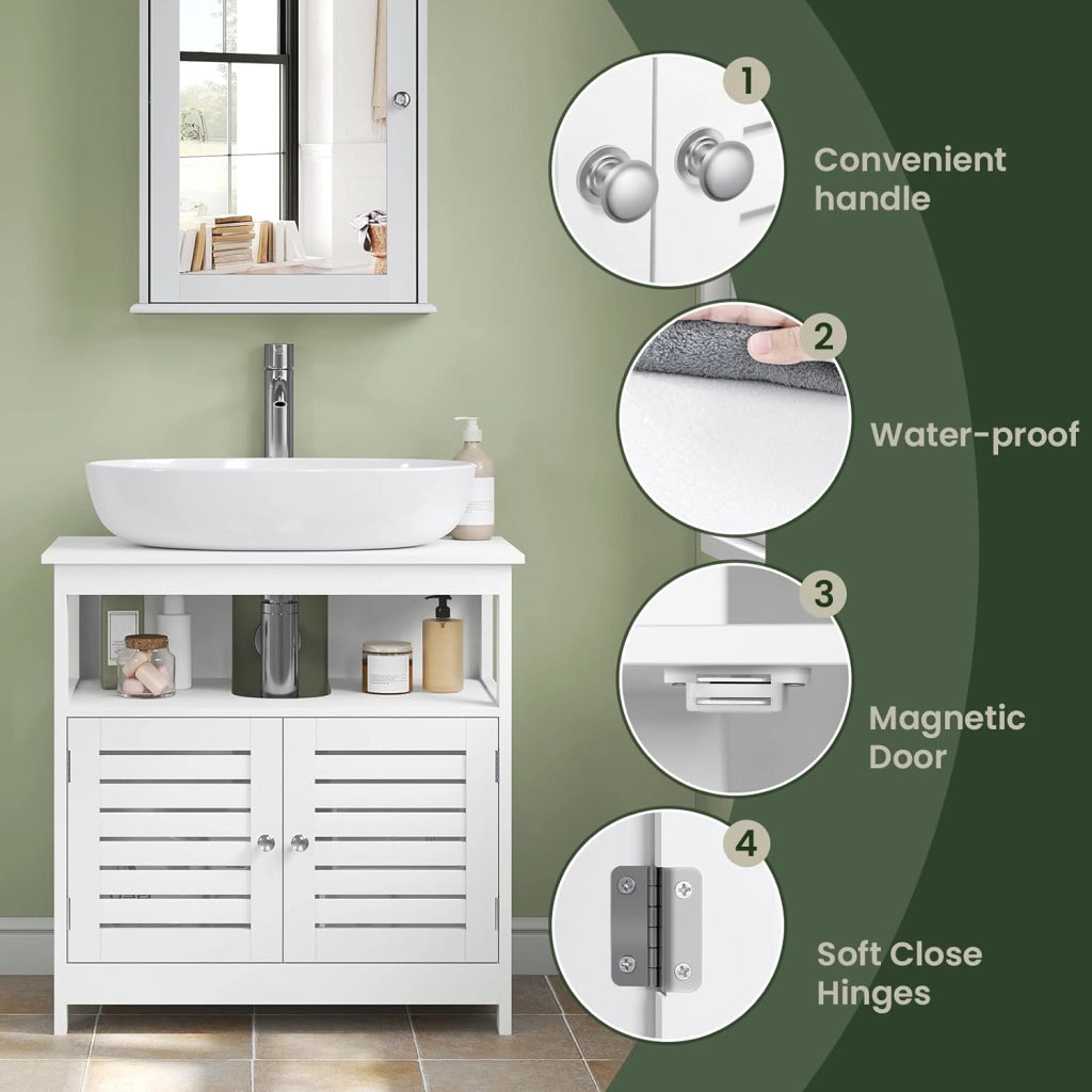 Armadietto Sottolavabo Bianco Mobiletto sotto Lavandino Sottolavello per Bagno con Due Ante in Legno