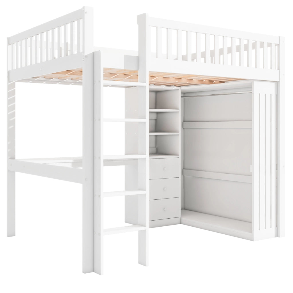 Letto a soppalco 140x200 cm in pino e MDF bianco con scrivania; armadio e cassetti