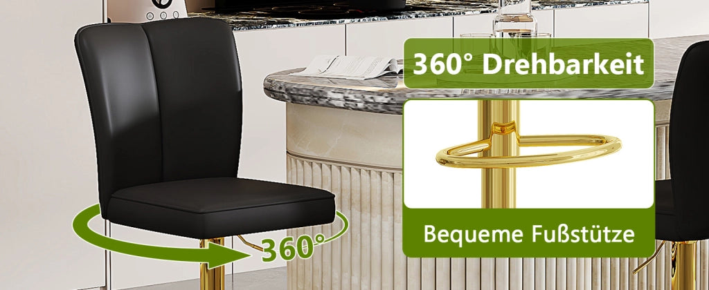 Sgabello da Bar Regolabile Girevole 360¡ã ¨C Xylo ¨C Nero/Oro, PU, Set 2 Pezzi