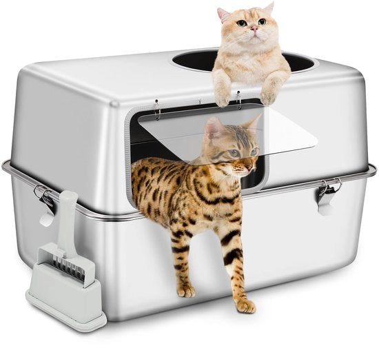 Cassetto per gatti in acciaio inossidabile, cassetto per gatti metallico chiuso con bordo alto, con cucchiaio, rivestimento antiscivolo, facile da pulire