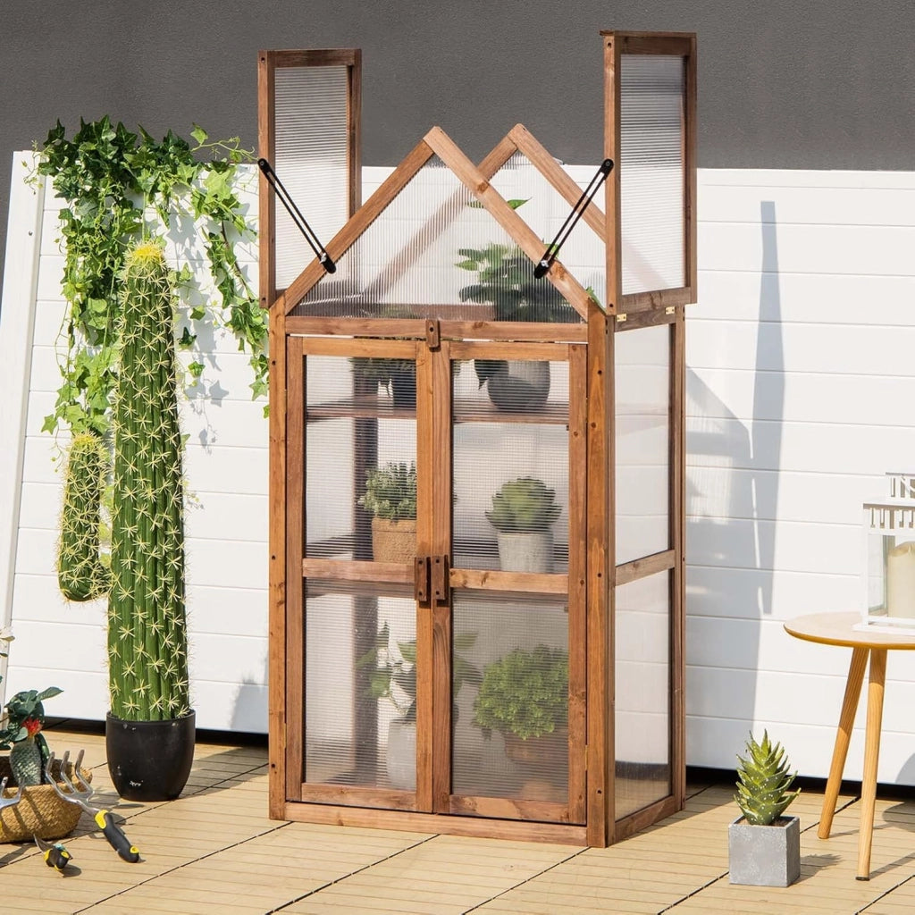 Mini Serra da Giardino in Legno a 3 Livelli, Serra da Giardino con Coperchio Apribile, Ripiani Rimovibili, Serra a Forma di Casetta da Interno ed Esterno, 71 x 41 x 133 cm
