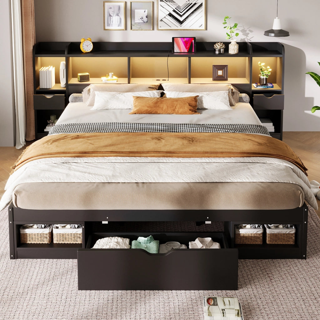 Letto Contenitore 180x200 cm con LED; USB; 3 Cassetti e vani portaoggetti - Nero