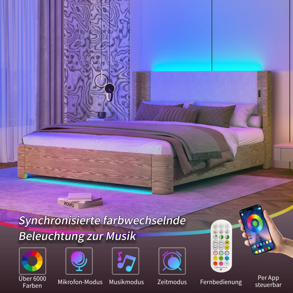 Letto contenitore matrimoniale 180 × 200 cm con LED a 7 colori, materasso non incluso, in velluto beige