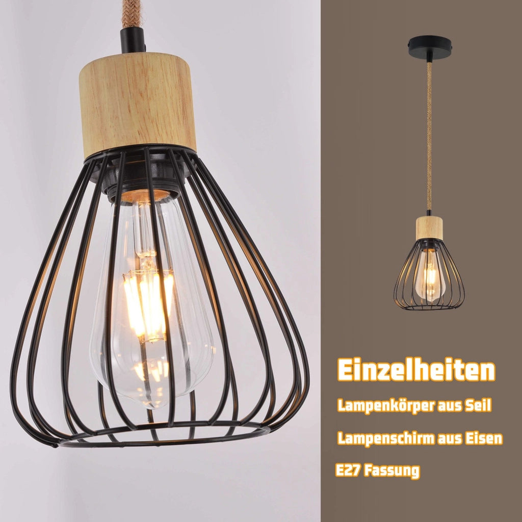 Lampada a Sospensione ZMH nera retro in corda di canapa e legno E27 per sala da scala