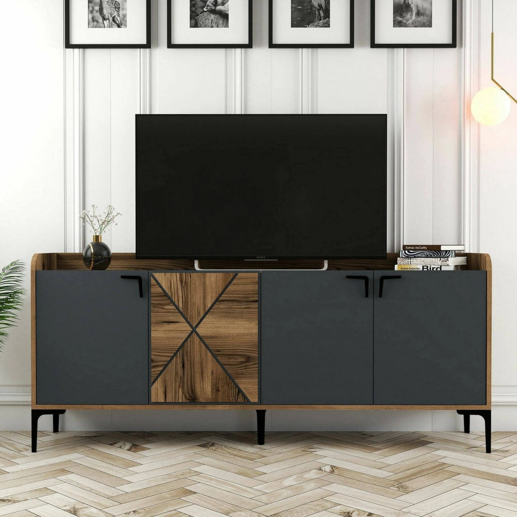 Credenza Also, Credenza da soggiorno, Armadio basso per TV, Base parete attrezzata, 180x35h78 cm, Noce e Antracite
