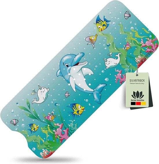 Pavimento antiscivolo per bambini, 100 x 40 cm (motivo delfino) - pavimento antiscivolo per vasca BPA libero, per bambini e neonati - pavimento per docce resistente ai funghi e lavabile in lavatrice - pavimento antiscivolo per vasca