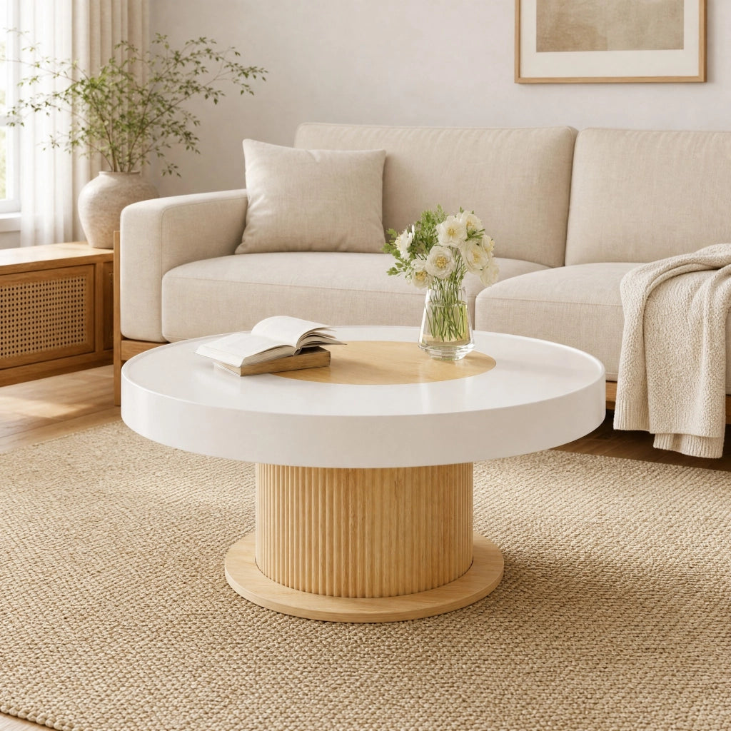 Tavolino da salotto rotondo con base cilindrica scanalata e ripiano bicolore per soggiorno 75×75×39 cm