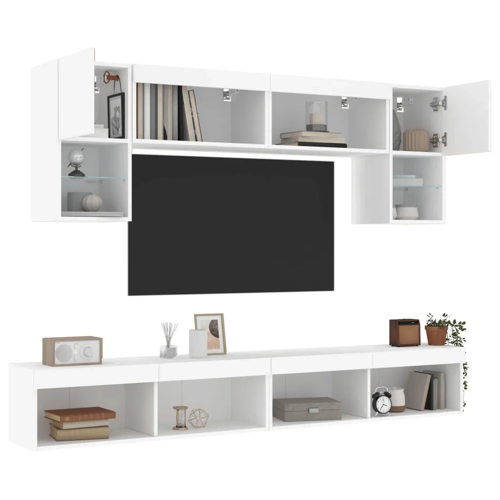 Mobili TV a Muro con LED 6pz Bianchi in Legno Multistrato