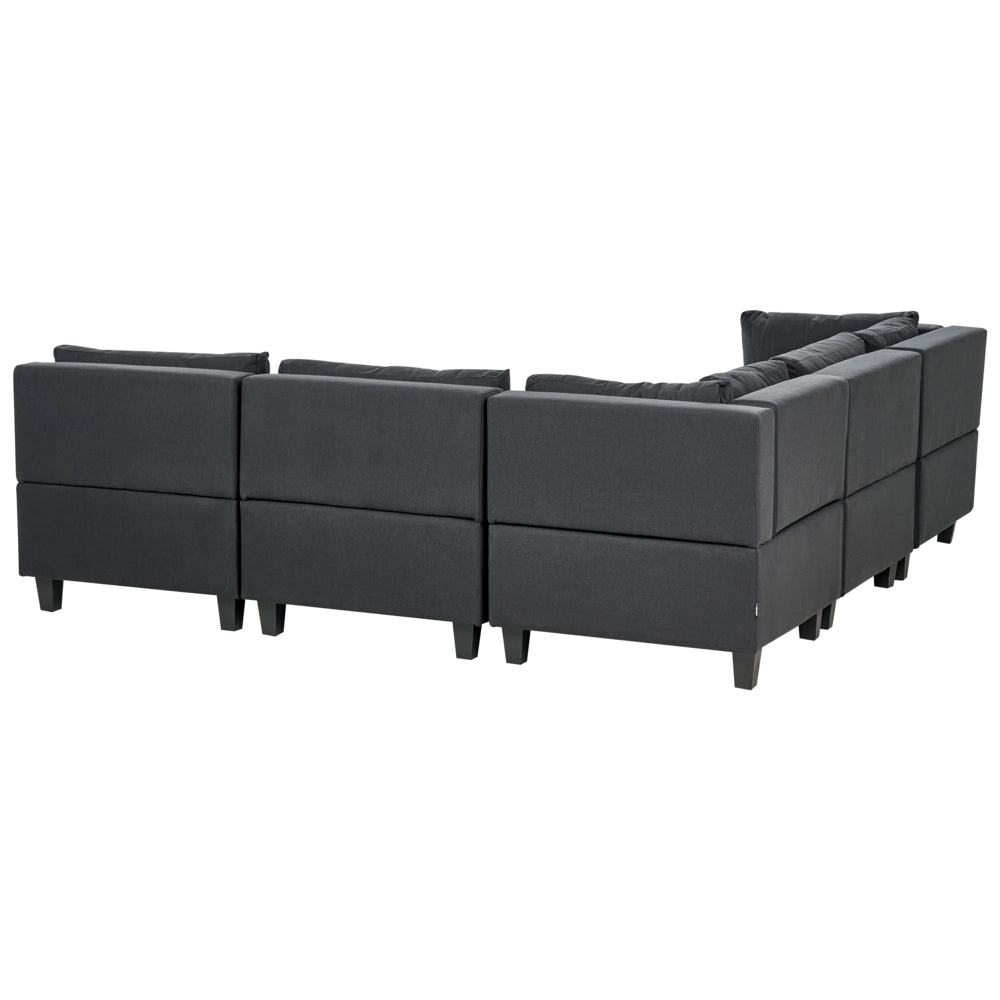 Divano componibile a 5 posti imbottito lato destro in tessuto nero con gambe nere e pouf stile moderno