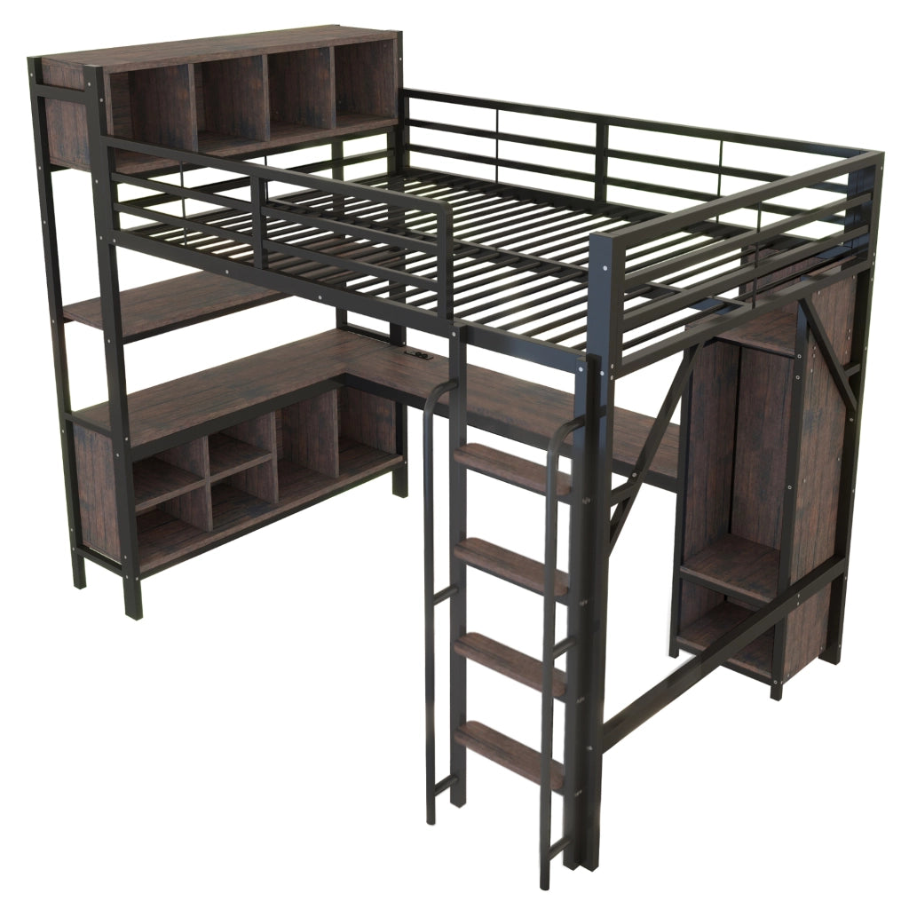 Letto a soppalco multifunzione 140x200 cm con scrivania; armadio; LED; prese EU; nero