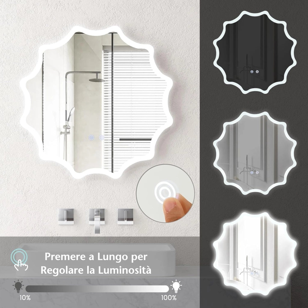 60x60cm Specchio da Bagno a LED, Specchio da Parete Rotondo con Bordo Ondulato, Luci 3 Colori e Anti-appannamento, Specchio per Trucco Illuminato Regolabile con Luce Anti-esplosione e Pulsante