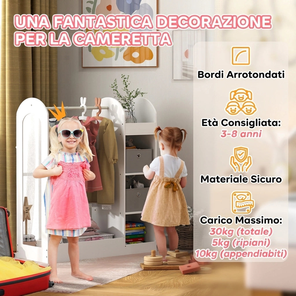 Appendiabiti per Bambini 3-8 Anni 92x36x106 cm con Ripiani 2 Scatole Asta Appendiabiti e Specchio in MDF Bianco