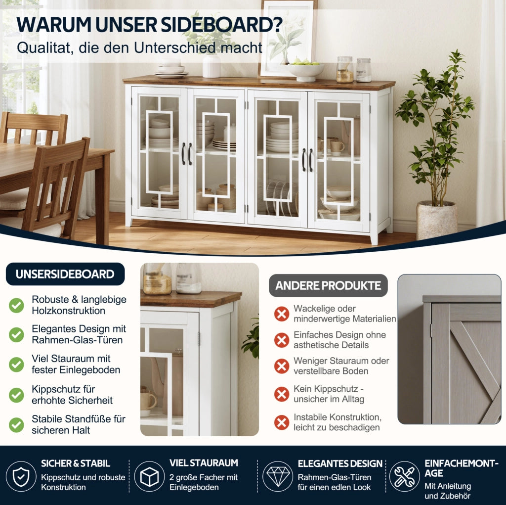 Credenza da cucina 160 cm bianca con ante in vetro e ripiani