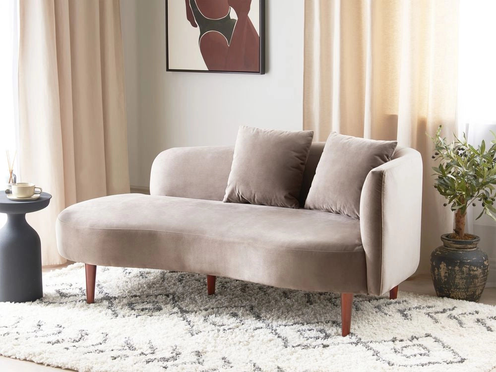 Chaise Lounge in velluto tortora lato destro gambe in legno scuro design moderno