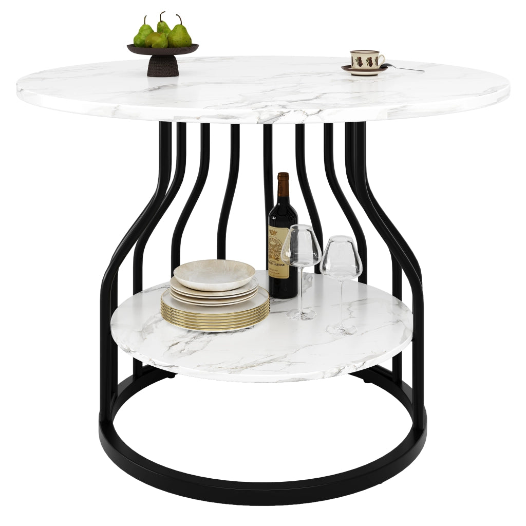 Tavolo da Pranzo Rotondo ¨C MINIMAL ¨C Piano MDF Effetto Marmo Nero, 80x80x76 cm, 4 Persone