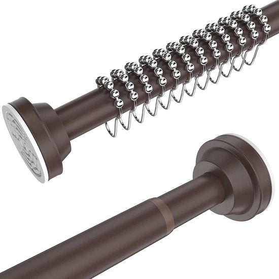 Maniglia per tenda doccia 105-195 CM marrone | 12 ganci | Maniglia per tenda doccia con estensione telescopica per la camera da bagno Maniglia per tenda doccia senza fori