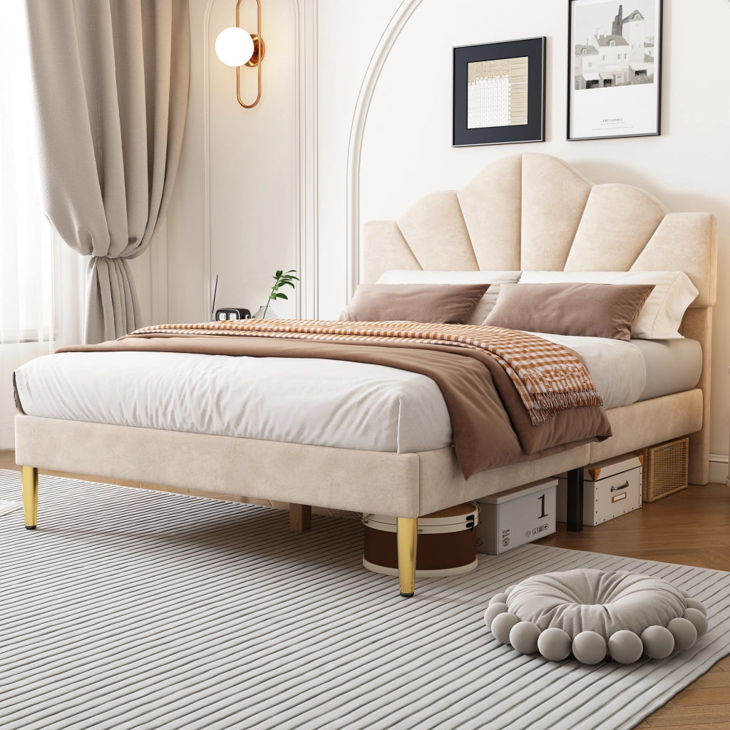 Letto Matrimoniale 140x200 cm; con Testiera Regolabile e Rete a Doghe in Velluto - Beige