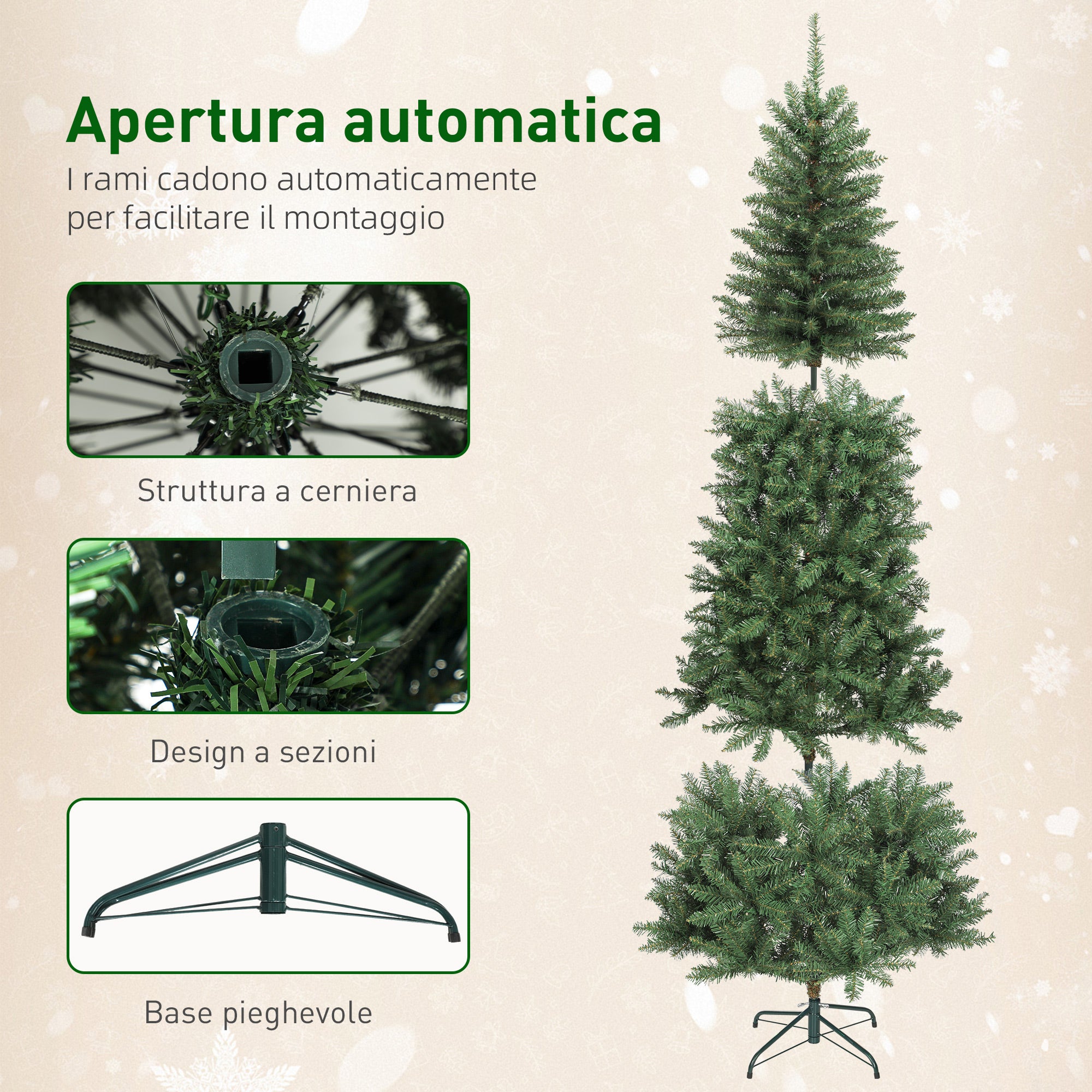 Albero di Natale Slim 210 cm 1273 Rami con 350 Luci LED Bianche e Colorate 9 Modalità di Illuminazione Verde