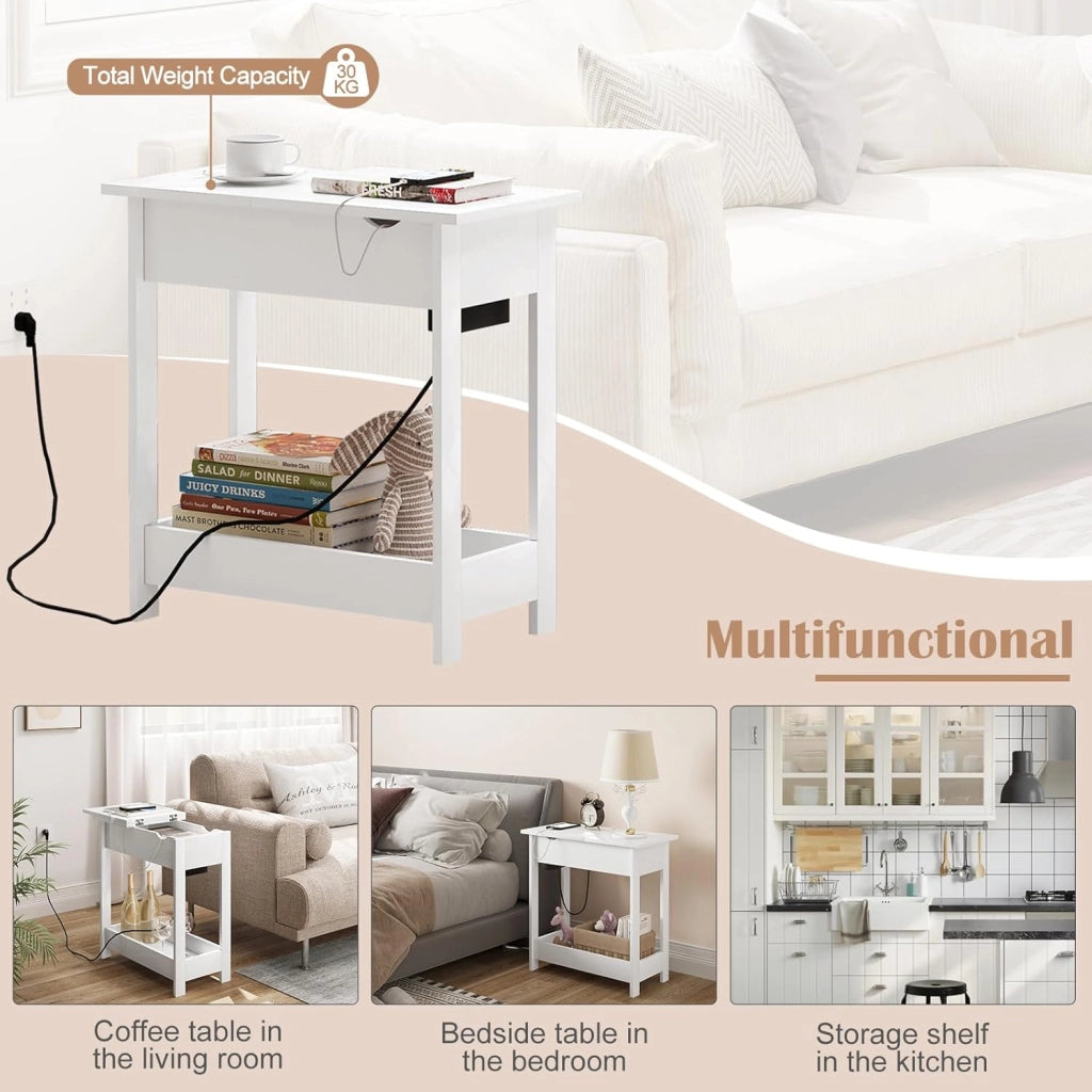 Tavolino da Salotto con Stazione di Ricarica, Tavolino a 3 Ripiani, Piano Pieghevole, 2 Porte USB e 2 Prese a 2 Fori, per Camera da Letto, Soggiorno, Cucina, Bianco