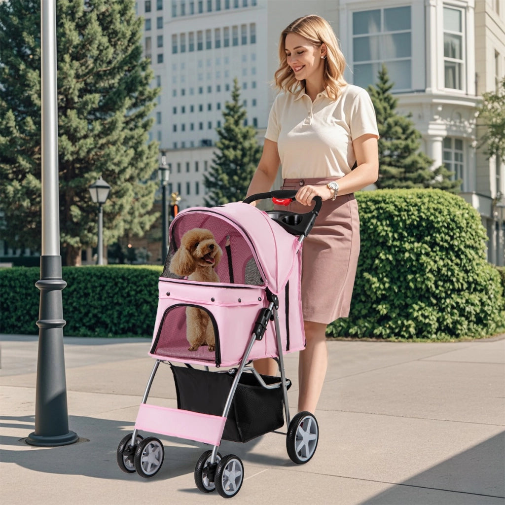 Passeggino per animali domestici a 4 ruote, Trasportino portatile con cestino e finestra a rete Rosa-Giochi e accessori per cani