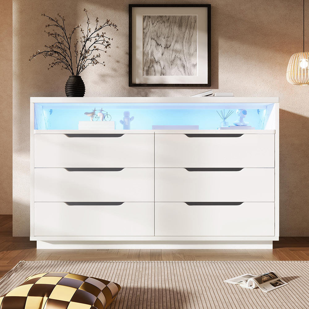 Buffet con LED - Xylo - 120??40??85 cm - 6 Cassetti Effetto Marmo Bianco