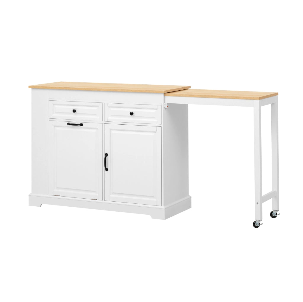 isola da cucina con ruote bianca e legno, piano laterale estensibile, contenitori