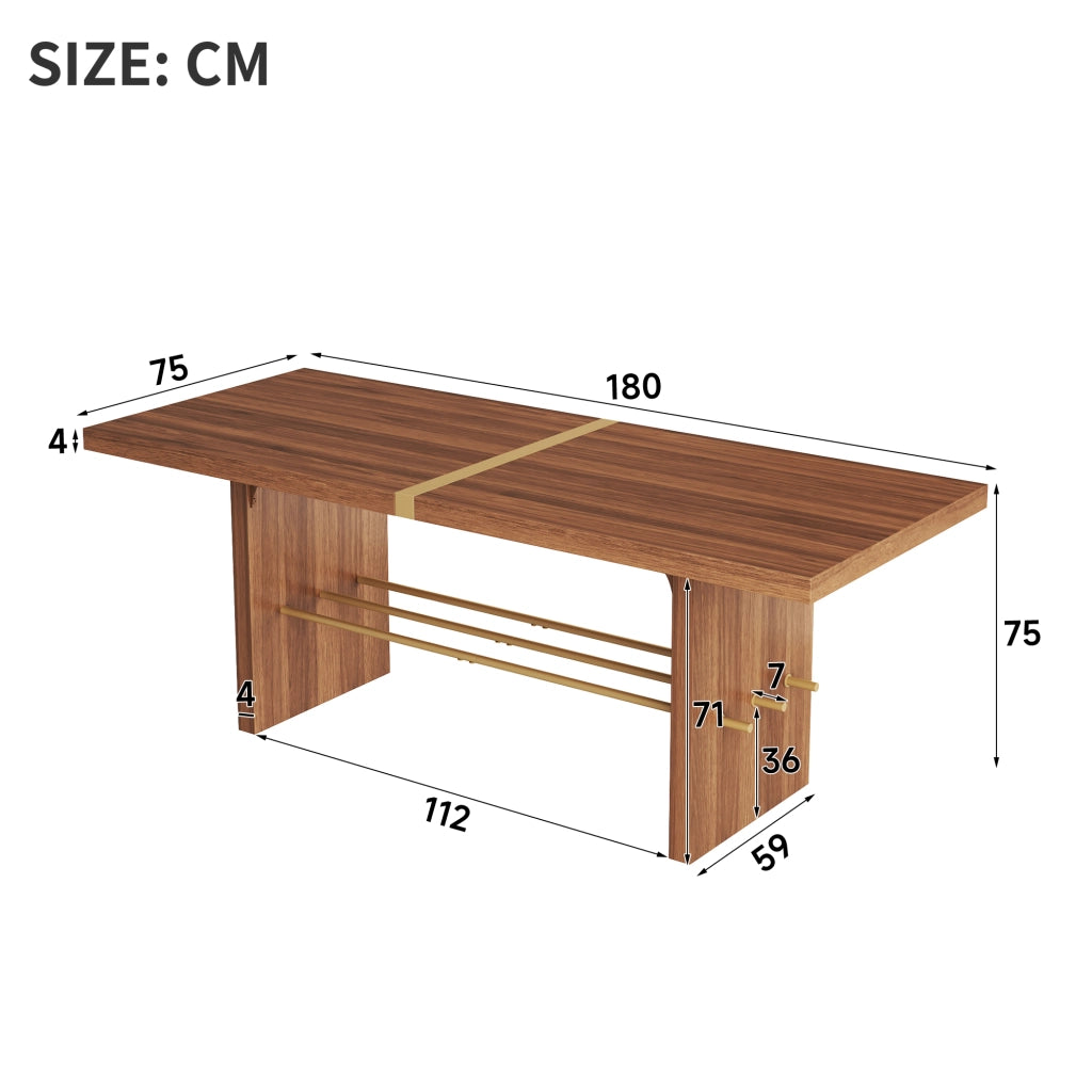 Tavolo da pranzo per 6-8 persone in MDF, piano spesso 4 cm, effetto noce e dettagli oro, per sala da pranzo, 180 × 75 cm