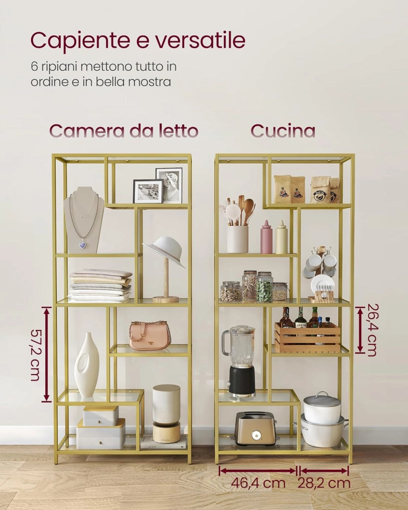 VASAGLE Libreria Scaffale, Libreria Verticale a 6 Ripiani, Porta Piante, 30 x 80 x 180 cm, Vetro Temperato, Studio Soggiorno Camera da Letto Cucina, Oro Metallico LGT502A01