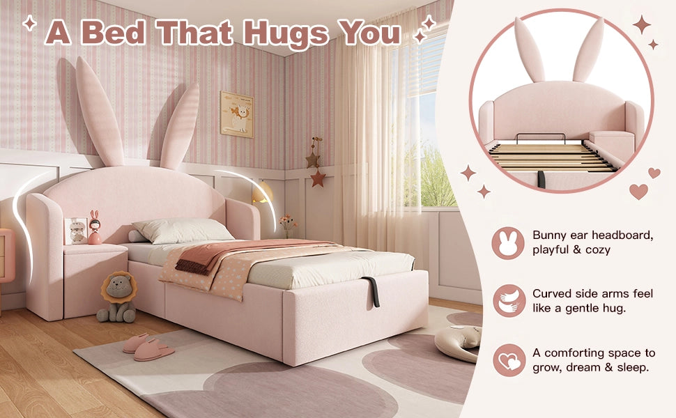 Letto per bambini 90 × 190 cm con testiera a orecchie di coniglio, contenitore idraulico e comodino, senza materasso, beige