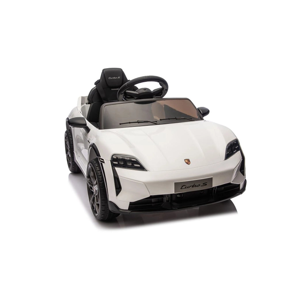 Macchina Elettrica per Bambini Porsche Taycan Turbo S 12V con Telecomando Bluetooth Luci LED e Tappetini Bianco