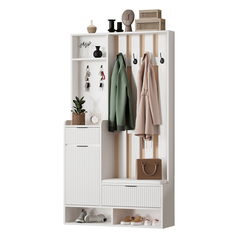 Appendiabiti 6 in 1 100x30x180 cm - Xylo - 8 ganci, panchina, ripiani, cassetti, protezione ribaltamento, bianco