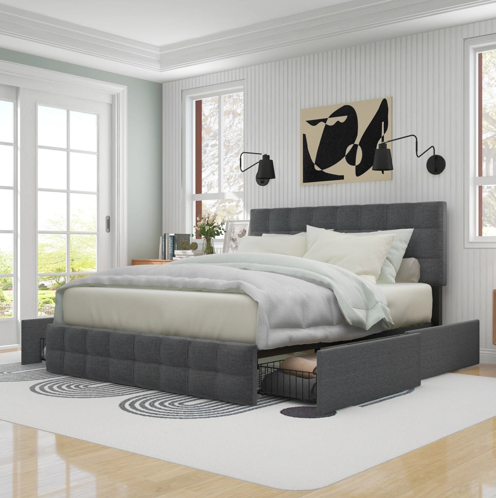 LETTO Contenitore 140x200 cm Grigio in Lino con materasso incluso