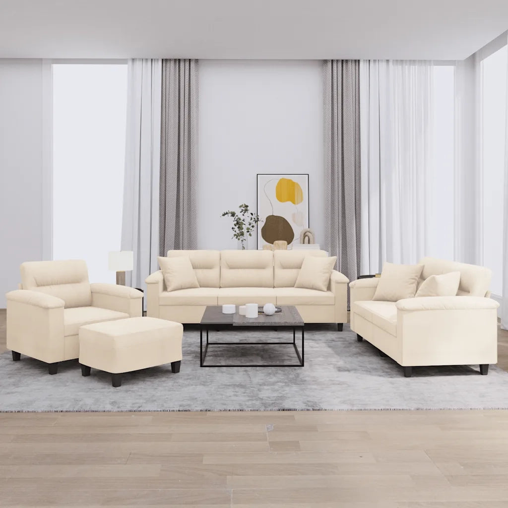 Set Divani 4 pz con Cuscini Beige in Tessuto Microfibra