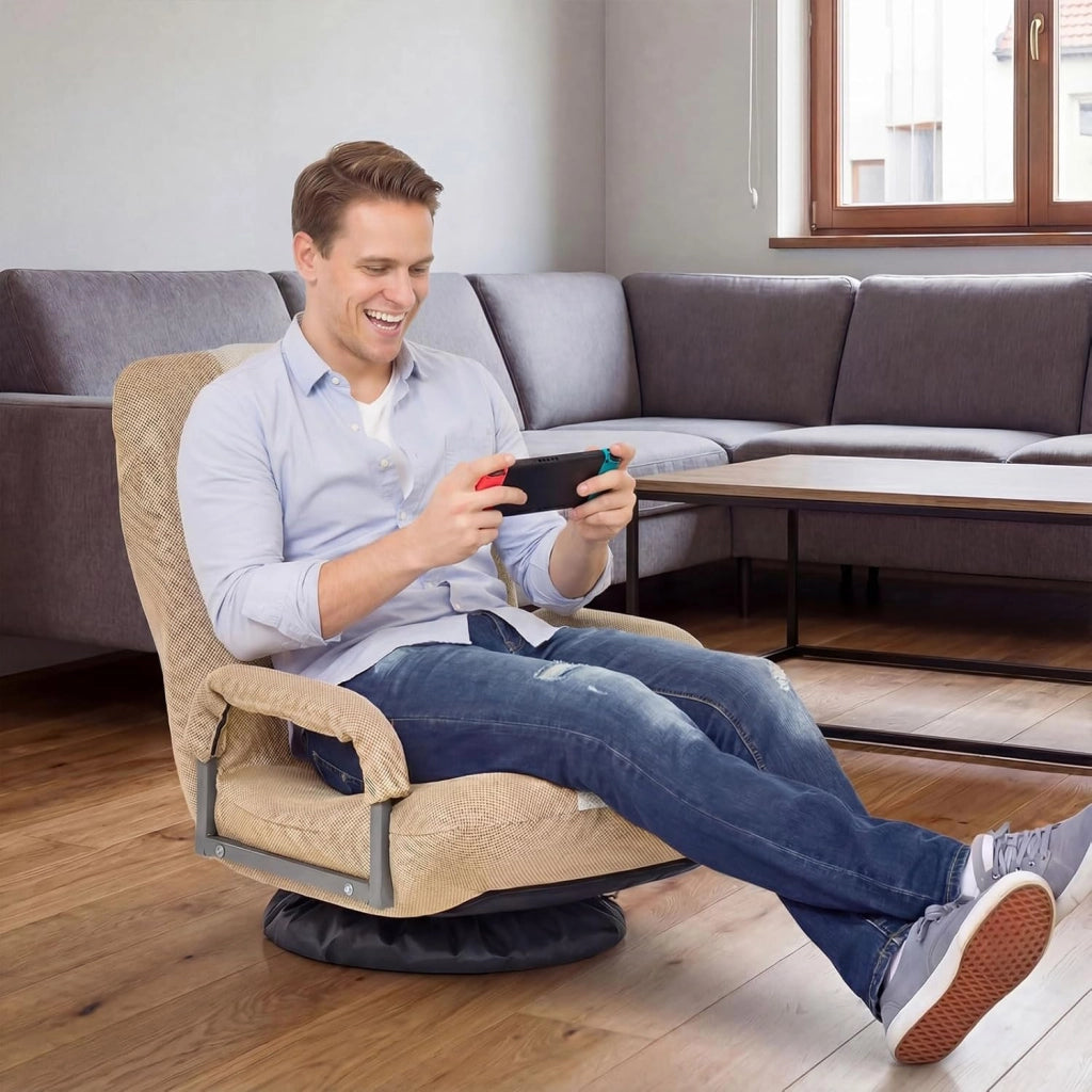 Sedia da Pavimento Pighevole, Sedia da Terra con Braccioli, Poltrona da Yoga Portatile e Girevole, Poltrona con Schienale Regolabile a 5+2 Livelli, Portata 150 kg (Marrone chiaro)