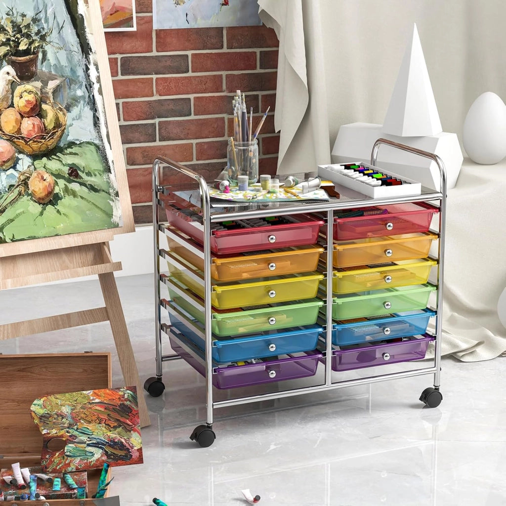 Carrello di Stoccaggio con 12 Cassetti, Carrello portaoggetti con 4 Ruote, Carrello Multiuso per Scuola Ufficio Cucina, 64 x 38 x 62 cm (12 cassetti Arcobaleno)