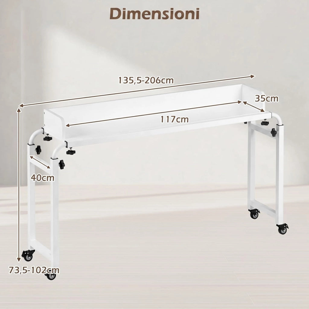 Scrivania da Letto con Ruote, Tavolino da Letto Salvaspazio con Altezza e Lunghezza Regolabili, Telaio in Metallo, Scrivania Portatile per Camera da Letto, Soggiorno e Ospedale (Bianco)