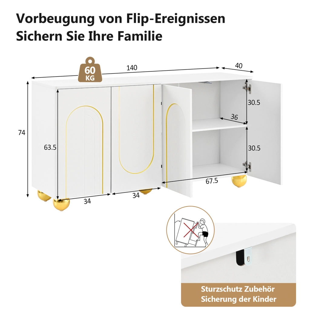 Credenza e madia a 4 ante con 2 vani interni, per soggiorno, in MDF e pannello truciolare bianco 140 × 40 × 74 cm