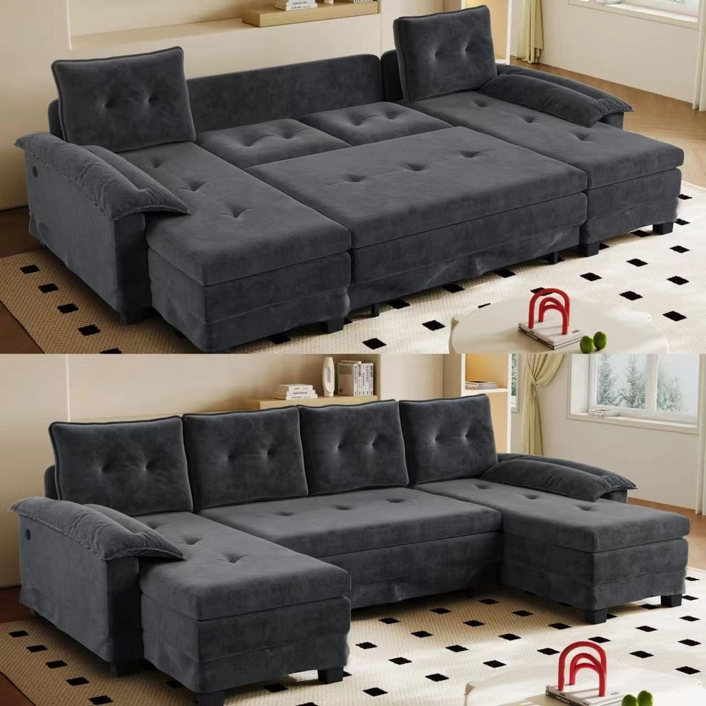 Divano Angolare a U con Letto Estraibile e USB ¨C Xylo ¨C Grigio, Modulare, 278 cm