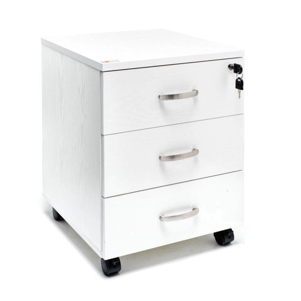 Marvin Cassettiera Ufficio In Legno Chiave Sicurezza Con Ruote Per Scrivania Tavolo 3 Cassetti Ripiani Bianco