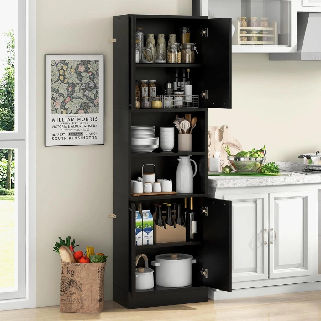 Credenza da Cucina, Mobile Buffet Alto con 2 Armadi a Doppia Porta e 2 Mensole Aperte, per Soggiorno, Cucina e Sala da Pranzo, 56 x 30 x 190 cm (Nero)