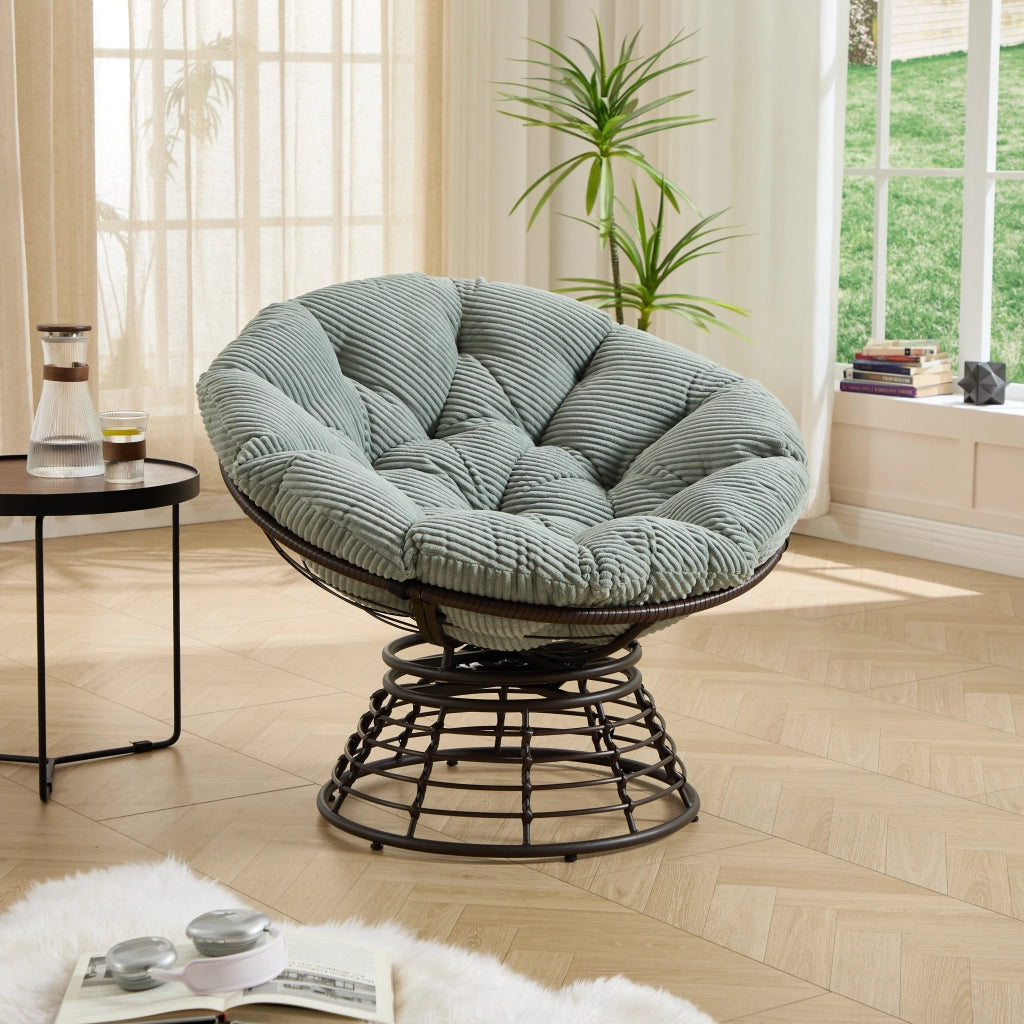 Poltrona Papasan Girevole 360 con Cuscino Imbottito; Design Ergonomico per Soggiorno o Camera; Acciaio Marrone Verde Chiaro
